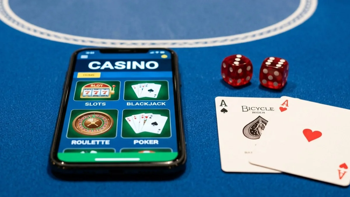 Smartphone showing a casino app on a blue felt poker table with red dice and ace playing cards