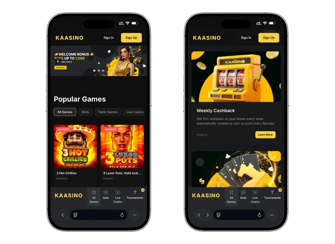 Kaasino mobile lobby shown on two smartphones