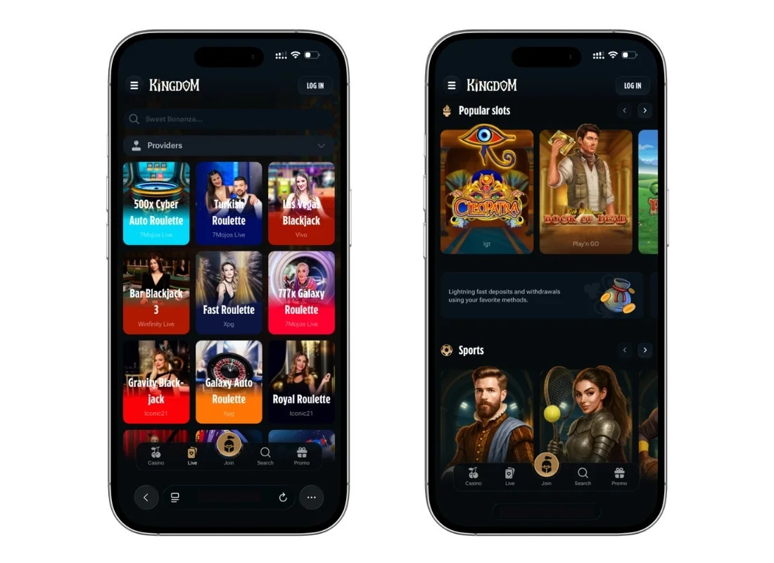 Kingdom Casino mobile lobby shown on two smartphones