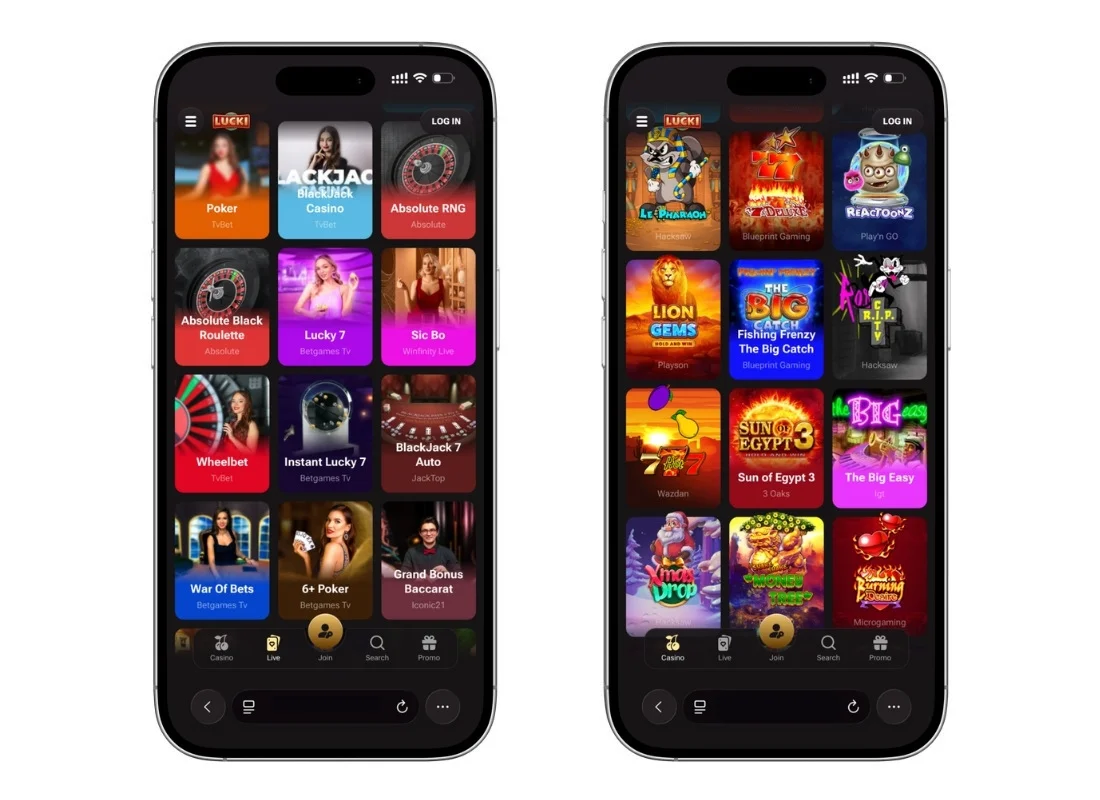 Lucki Casino mobile lobby shown on two smartphones