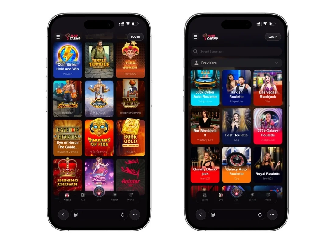 MadCasino mobile lobby shown on two smartphones