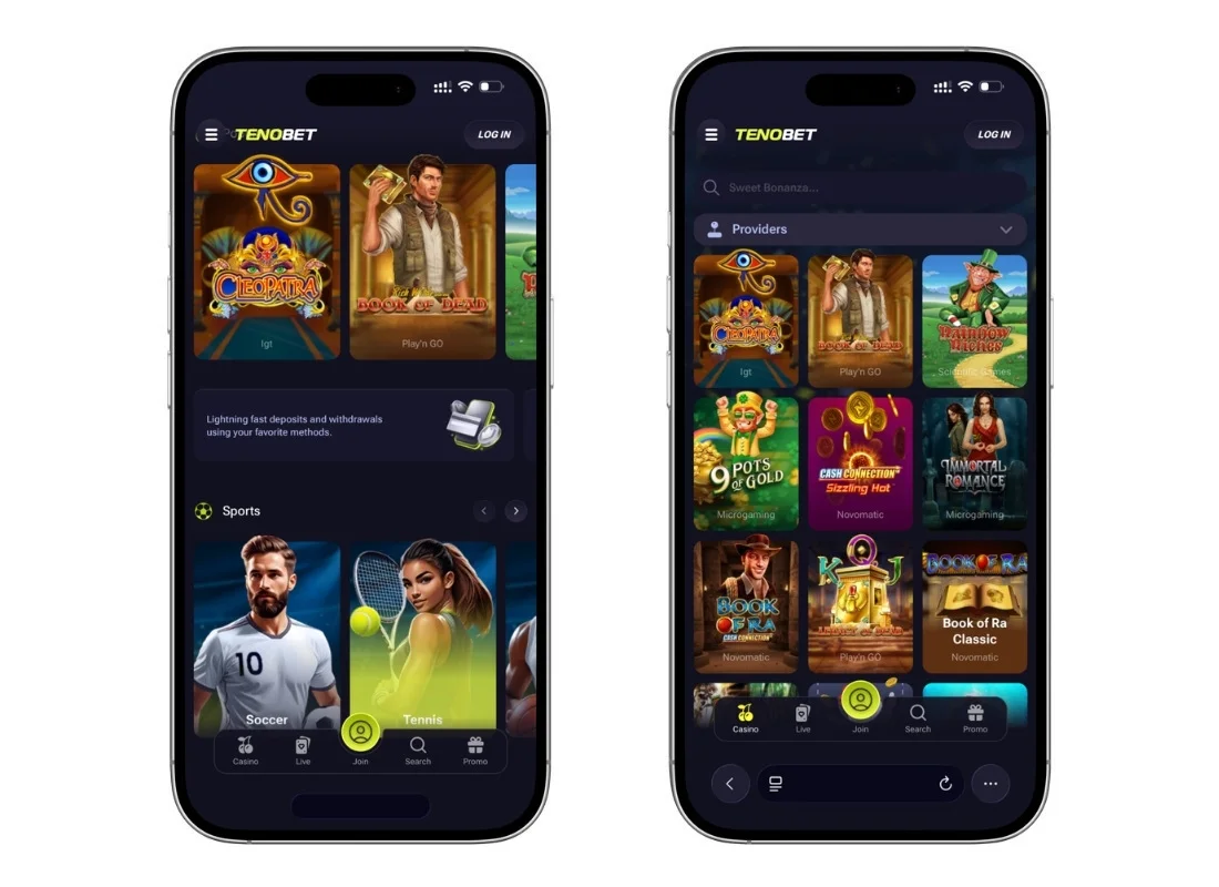 Tenobet mobile lobby shown on two smartphones